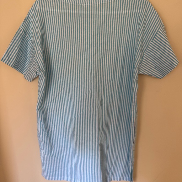 NWT- MSRP $70 Organic Cotton & Linen Paradise Aqua Stripe LARelaxed Shirt Dress - Picture 8 of 10